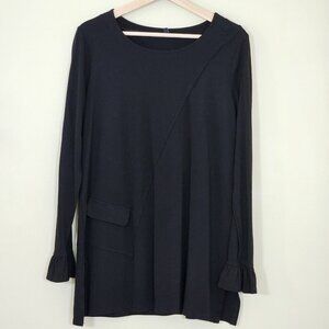 Robert Kitchen Top Womens L Black Tunic LS Round Neck Relaxed Lagenlook Goth